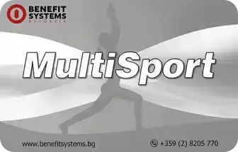 Черно-бял дизайн на картата MultiSport със силует на човек в йога поза, с логото MultiSport и контактна информация.