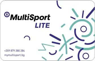 Дизайн на картата MultiSport Lite с абстрактни форми в тюркоазено и лилаво, с логото MultiSport Lite и контактна информация.